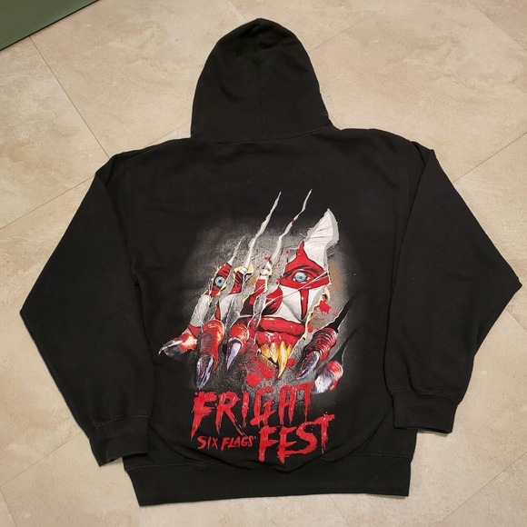 Six Flags Fright Frest Mens M Medium Insane Killer Clown Black Sweatshirt Hoodie - Picture 2 of 16